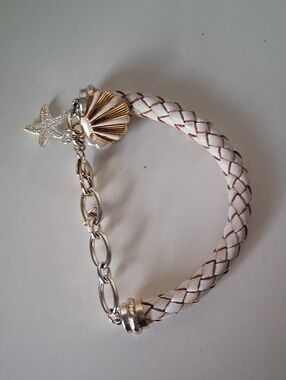 Brighton White Braided Leather Bracelet with Silver Starfish & Gold Shell Charms